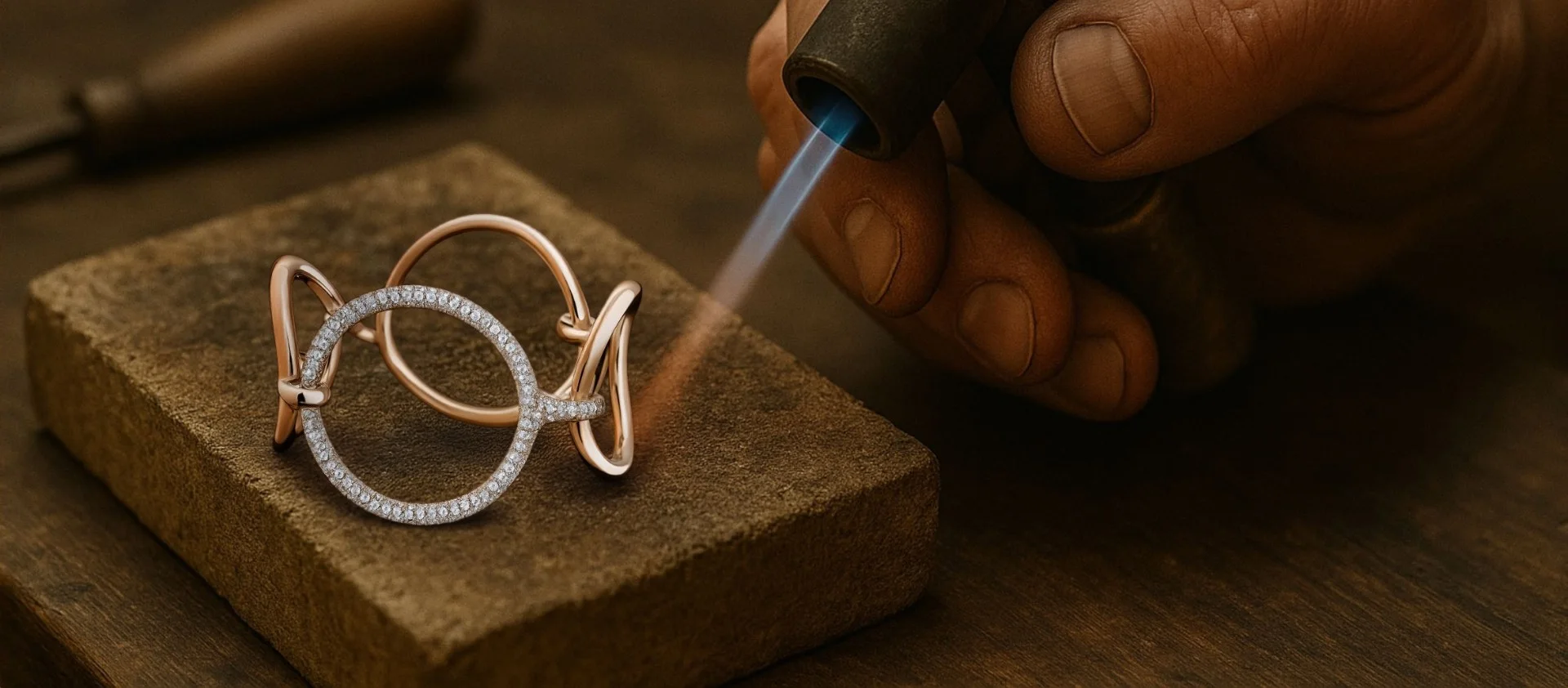 Goldsmith applying a jeweller's torch to a rose gold and diamond ring on a soldering brick, Amanda Jewellery atelier, Bangkok