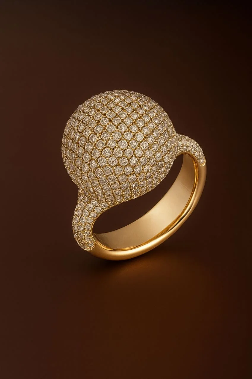 18kt yellow gold full-pavé diamond dome ring, Amanda Jewellery